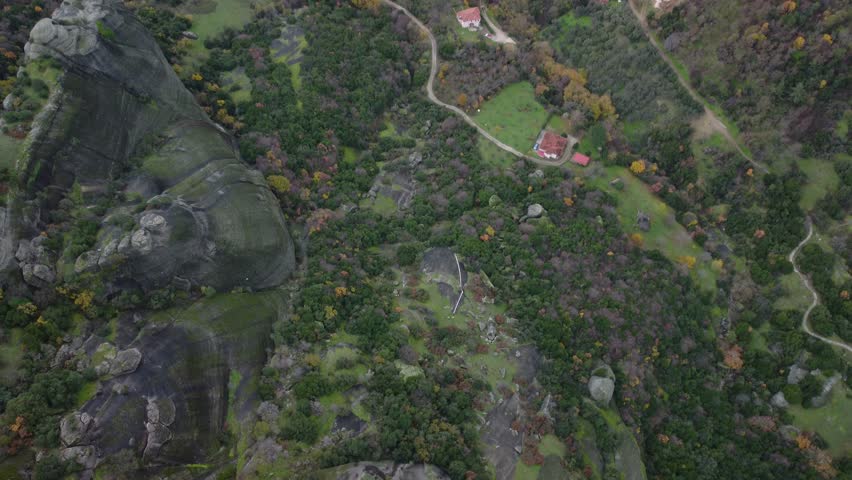 4K Meteora, Meteora Holy Trinity, ANCIENT GREECE, Birds eye - Camera Move Pull Back Reveal, Monastery on a Mountain, Landscape - Aerial Drone, Μετέωρα Ελληνικά, Cinematic, God, Farmland, River, City