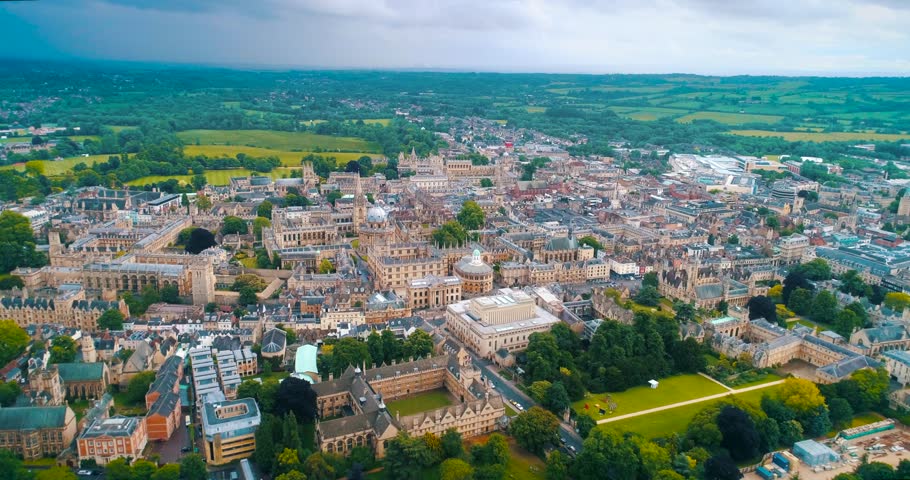 aerial oxford college england city establishing shot cinematic drone