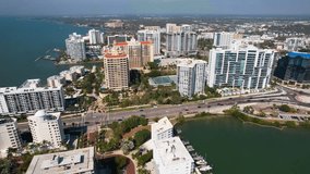 Panorama of City Sarasota FL. Beautiful beaches in Florida. Spring or summer vacations in Florida. Beautiful View on Hotels and Resorts on Island. America USA. Gulf of Mexico. Aerial travels video.