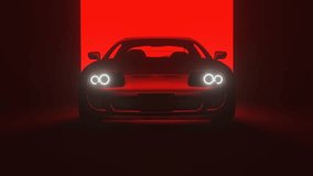 3D Rendered Super car Cinematic front view in dark with red background, Red sport car headlights blinking in dark with black and red background, Vintage super car front view