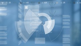 Animation of round scanner spinning over screens with data processing against blue background. Computer interface and business technology concept - Powered by Shutterstock - Get 15% off with code: PIKWIZARD15