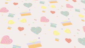 Animated abstract pattern with geometric elements in the shape of a gift box heart shape. pastel color gradient background