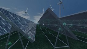 Animation of network of digital icons and data processing over solar panels and spinning windmills. Global networking and renewable energy technology concept - Powered by Shutterstock - Get 15% off with code: PIKWIZARD15