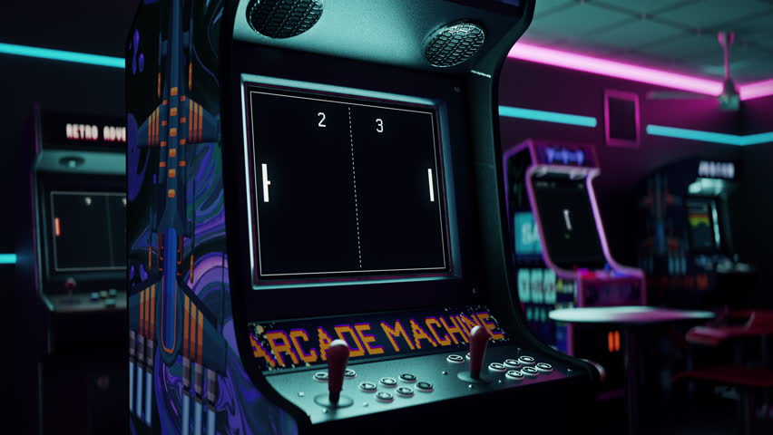 Old-school graphics of the retro game played on the arcade machine in a bar. Old-school graphics of the nostalgic table tennis game. Old-school graphics displaying two-player video game. Royalty-Free Stock Footage #1100719357