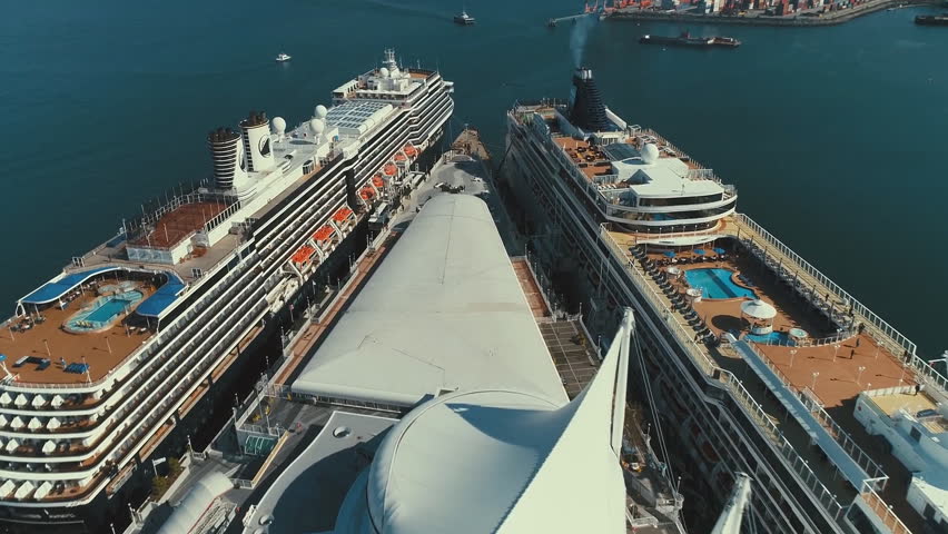 VANCOUVER : Cruise Ship at Canada Place Harbor in Vancouver, Canada. Famous Vancouver main cruise ship terminal, it was built in 1927. (aerial photography)