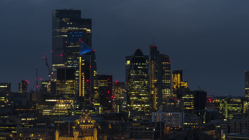 City in the Sky, Square Mile, City of London, Establishing Aerial View Shot of London UK, United Kingdom, night evening Royalty-Free Stock Footage #1100723167