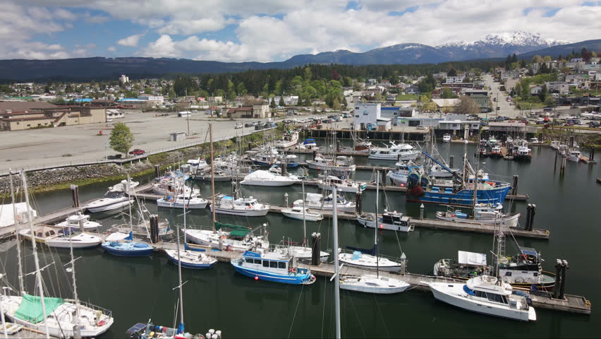 Aerial View of Fishing and Pleasure Boats Docked at Port Alberni Harbor Docks in Vancouver Island, British Columbia Canada