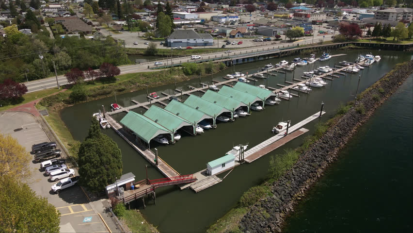 Harbour Quay and Boats Docked at Marina Docks at Port Alberni, British Columbia Canada, Aerial View