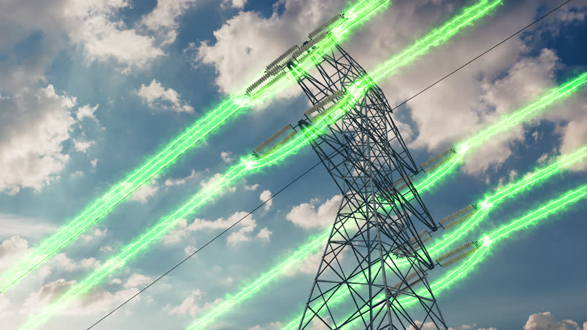 Transmission tower. Overhead power line, electric transmission. Green energy runs through high-voltage wires. | Shutterstock HD Video #1100726273