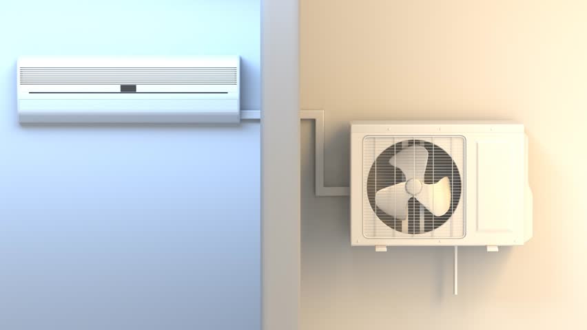 Air conditioning system representation. Split air conditioner inside and outside units separated by a wall on white. Turning on and off. Heating and cooling. 3D render 4K video. Royalty-Free Stock Footage #1100726517