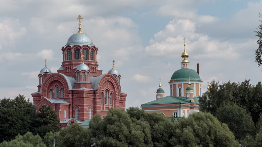 View of nikolsky and Pokrovsky Cathedrals of Pokrovsky Khotkov Monastery founded in 1308. Moscow, Russia
