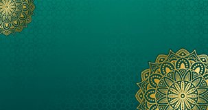 Green Gradient Islamic Animation Background with Golden Mandala Rotation and Mosque Frame Shape for Ramadan, Eid Mubarak, and others.