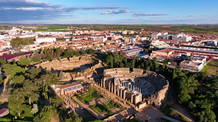 aerial view of old Roman Theatre of Merida spanish cultural icon landmark in Spain