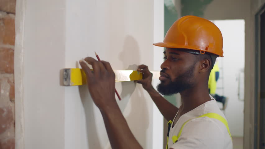 Construction builder working with water level tool do measurement. African-American foreman using bench level to check balanced and flat walls. Construction worker use level instrument. Realtime Royalty-Free Stock Footage #1100729583