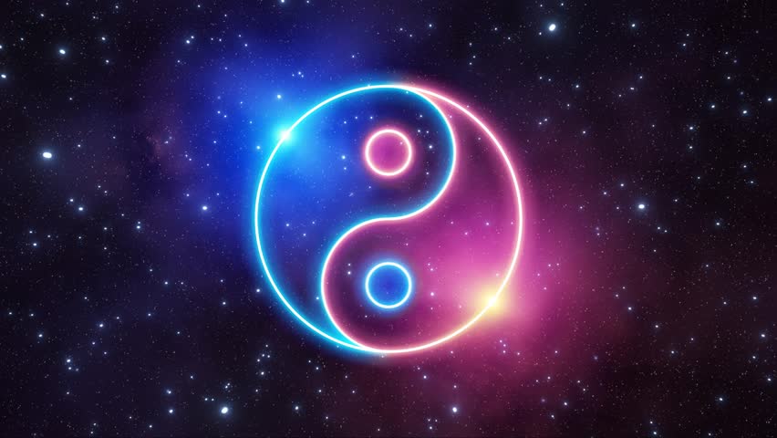 Yin Yang neon light symbol in blue and pink colors rotating on a background of the universe with nebulae and moving stars. Looping video. 3D Rendering Royalty-Free Stock Footage #1100732203