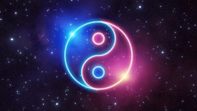 Yin Yang neon light symbol in blue and pink colors rotating on a background of the universe with nebulae and moving stars. Looping video. 3D Rendering - Powered by Shutterstock - Get 15% off with code: PIKWIZARD15