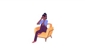 Animated happy girl in headphones. Listening to music in comfortable armchair. Flat character animation on white background with alpha channel transparency. Color cartoon style 4K video footage
