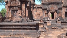 Mysterious Ancient ruins Banteay Srei temple - famous Cambodian landmark, Angkor Wat complex of temples. Siem Reap, Cambodia. Banteay Srei or Banteay Srey is a 10th-century Cambodian temple dedicated 