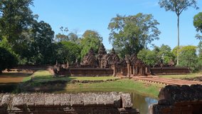 Mysterious Ancient ruins Banteay Srei temple - famous Cambodian landmark, Angkor Wat complex of temples. Siem Reap, Cambodia. Banteay Srei or Banteay Srey is a 10th-century Cambodian temple dedicated 