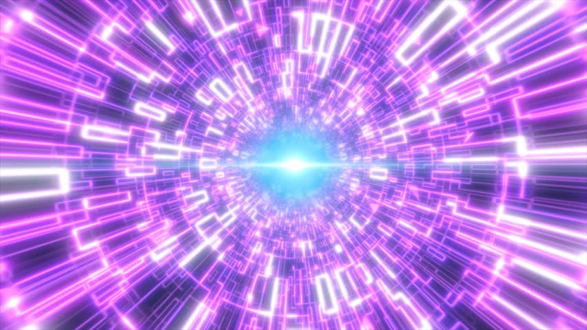 Abstract purple glowing neon laser tunnel futuristic hi-tech with energy lines and flying particle fragments, abstract background. Video 4k, motion design | Shutterstock HD Video #1100734939