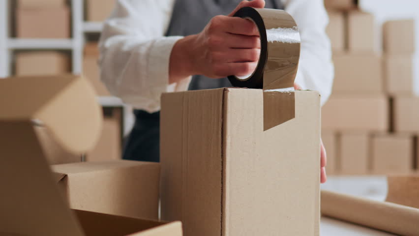 Cardboard Boxes, Small Business Owners Responsibly Working with Database at Packing Warehouse Concept Young Woman Working at Warehouse Progressive Business, Service
