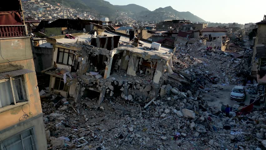 Turkey earthquake -
Hatay
 With a magnitude of 7.8 in Turkey, thousands of buildings were destroyed and millions of people were affected. Royalty-Free Stock Footage #1100736573