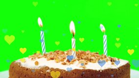 Animation of hearts falling over birthday cake. animation of leaves appearing over sprinkles falling on white surface. - Powered by Shutterstock - Get 15% off with code: PIKWIZARD15