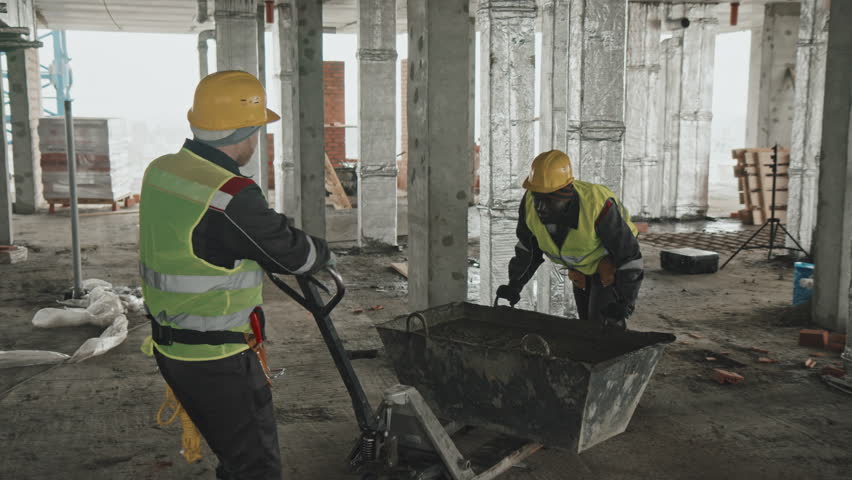 Strong Caucasian and African American construction workers pushing and pulling heavy cart with mortar | Shutterstock HD Video #1100737397