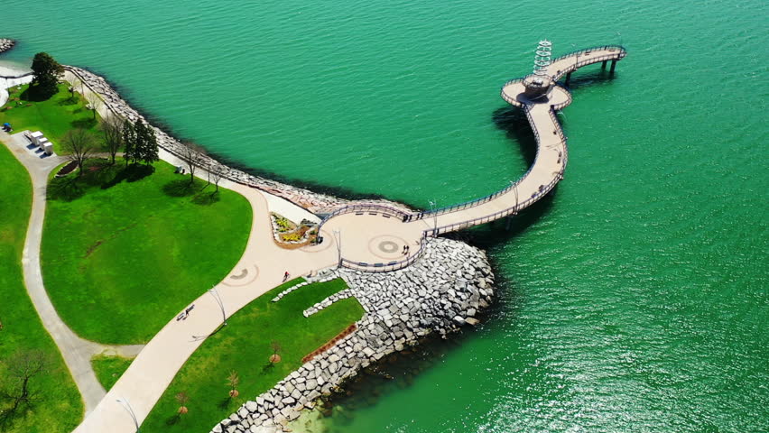 Aerial view of Burlington Pier in Ontario, Canada on a fine morning 4K
