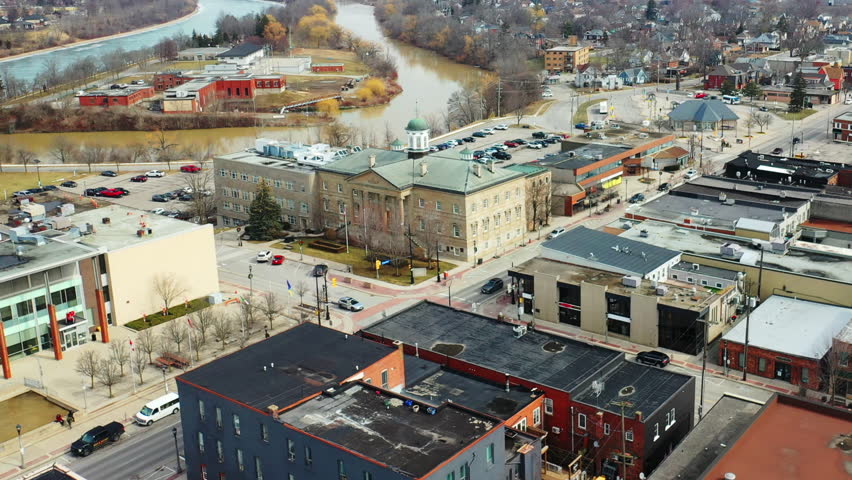 Aerial view of Welland, Ontario, Canada on a winter day 4K