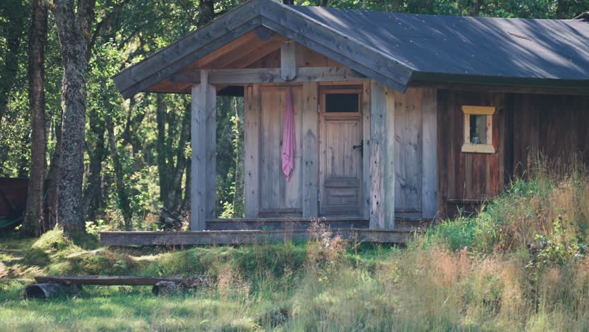 A small wooden cabin in the forest