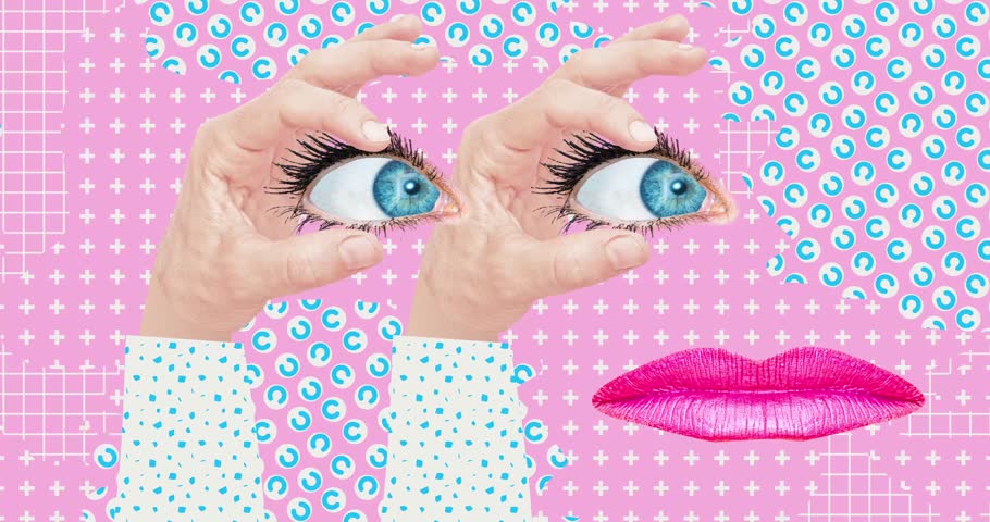 Modern loop collage animation. Funny absurd hand, eyes and lips