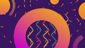 Animation of orange and pink circles and shapes over violet background. colour, pattern and movement concept digitally generated video.