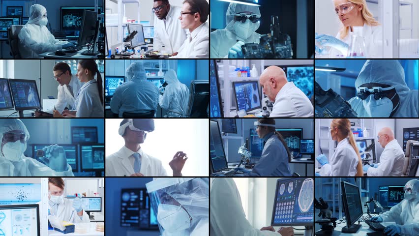Science, research and laboratory work concept. Diverse people work in modern science labs. Doctors, professors and lab assistants conduct medical, nanotechnological and microelectronic research. Royalty-Free Stock Footage #1100745411