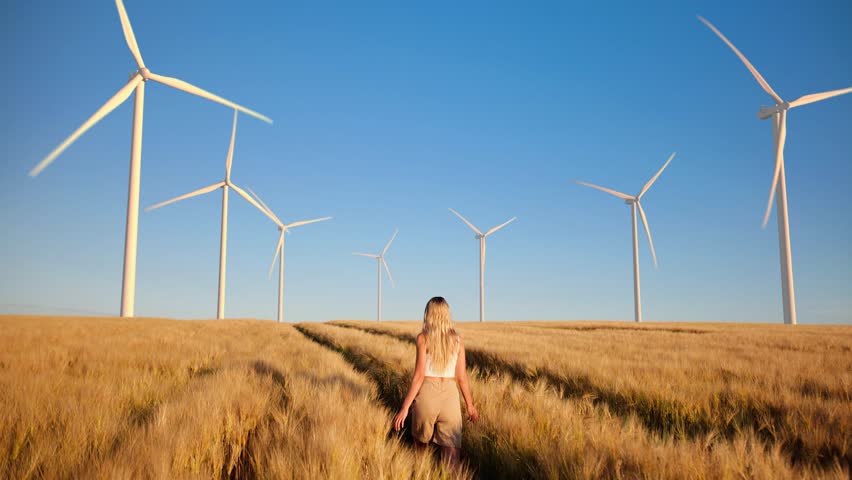 Young blonde woman walks through a golden wheat field with wind turbines on the horizon and dreams of a clean and sustainable future for humanity Royalty-Free Stock Footage #1100748895