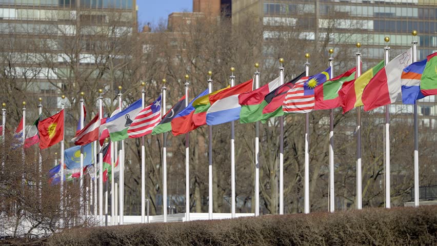 Flags of different nations at United Nations Plaza in New York - NEW YORK CITY, UNITED STATES - FEBRUARY 14, 2023