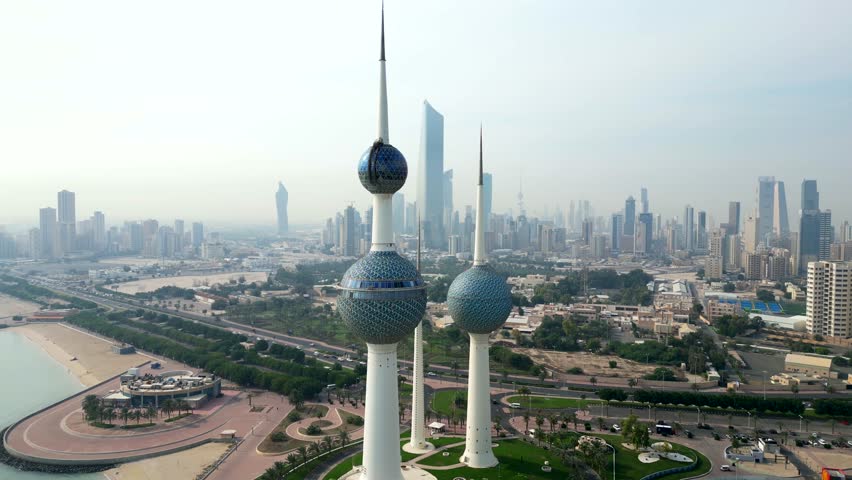 Cinematic drone shot Kuwait Towers and City. Popular tourism location | Shutterstock HD Video #1100750773