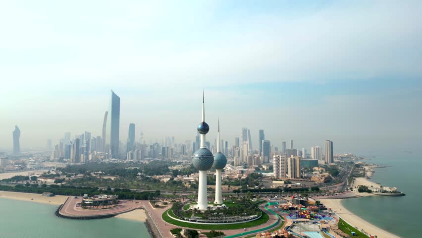 Wide angle drone shot Kuwait Towers and City. Landmark in Middle East Royalty-Free Stock Footage #1100751147