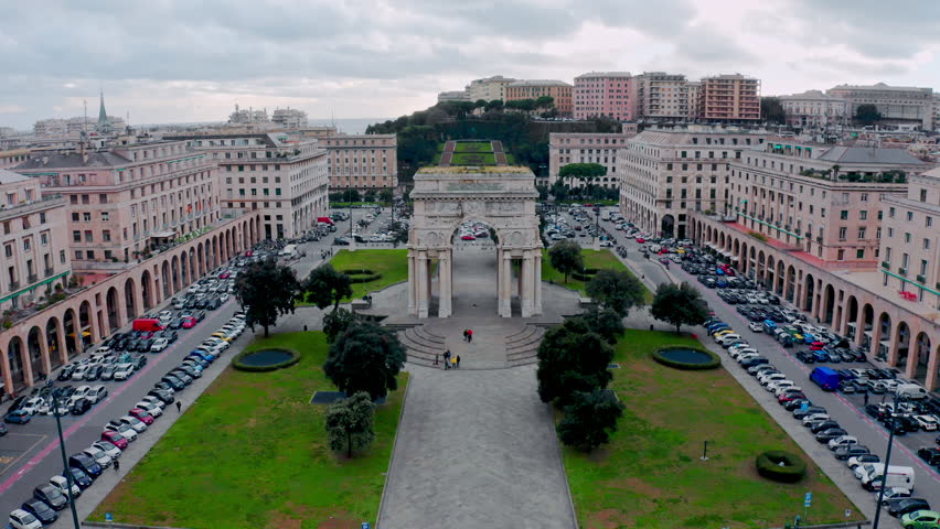 Iconic Monumento ai Caduti (Victory Arch) at Piazza della Vittoria, Genoa; drone