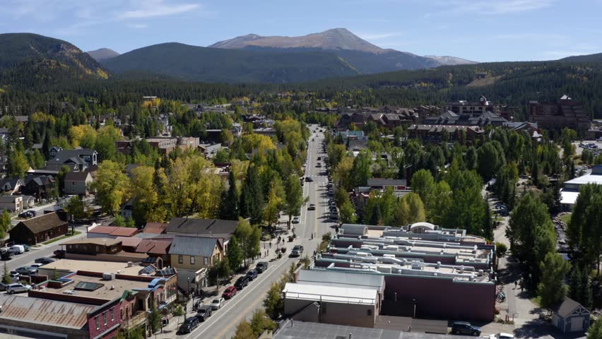 Traffic on the streets of Breckenridge, sunny, autumn day in Colorado, USA - Aerial view