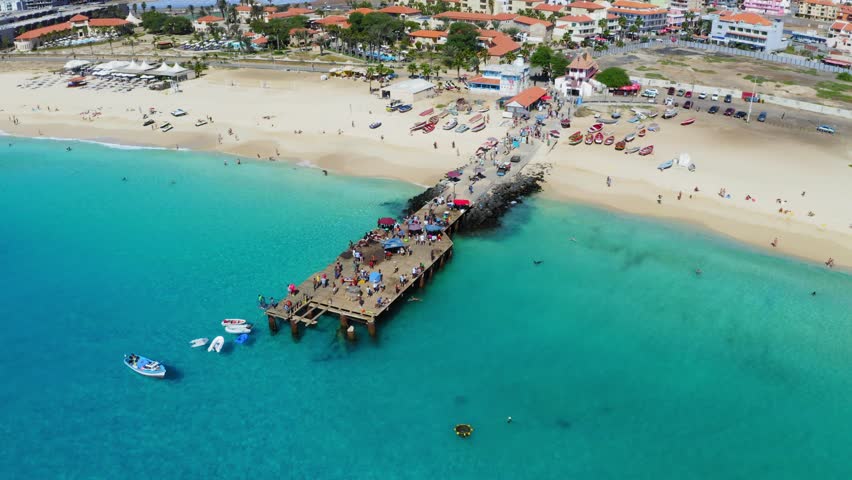 Aerial view of Santa Maria, Sal Island, Cape Verde (Cabo Verde). Drone footage.