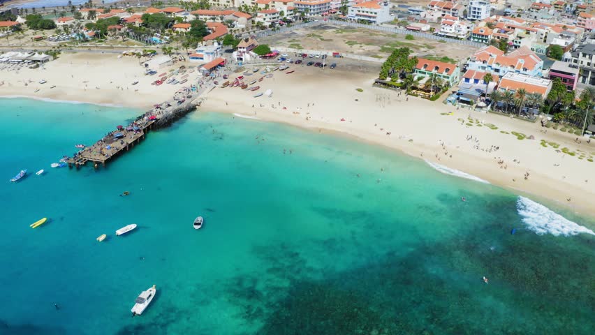 Aerial view of Santa Maria, Sal Island, Cape Verde (Cabo Verde). Drone footage.