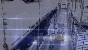 Geometric shapes and data processing against caucasian worker using forklift to carry delivery boxes. global networking and logistics concept - Powered by Shutterstock - Get 15% off with code: PIKWIZARD15