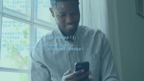 Animation of data and connections over happy african american businessman using smartphone. global network, connections, data processing and technology concept digitally generated video.