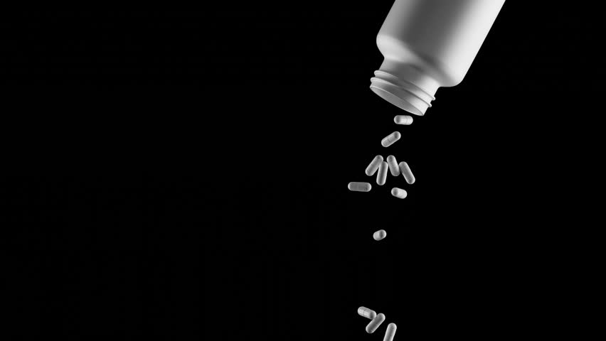 White Capsules Pills Medicine Additives Vitamins Falling Out Of A White Plastic Meds Bottle 4K Slow Motion