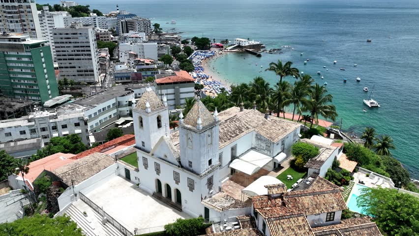 Coast Church At Salvador In Bahia Brazil. Travel Landscape. Downtown Background. Tourism Destinations. Vacation Destination. Stunning Cityscape. Coast Church At Salvador In Bahia Brazil.