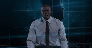 Animation of african american businessman talking over data processing. global business, finances, connections and digital interface concept digitally generated video.