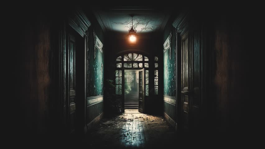 The camera slowly moves down a long, dimly lit corridor in an old house