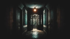 The camera slowly moves down a long, dimly lit corridor in an old house - Powered by Shutterstock - Get 15% off with code: PIKWIZARD15