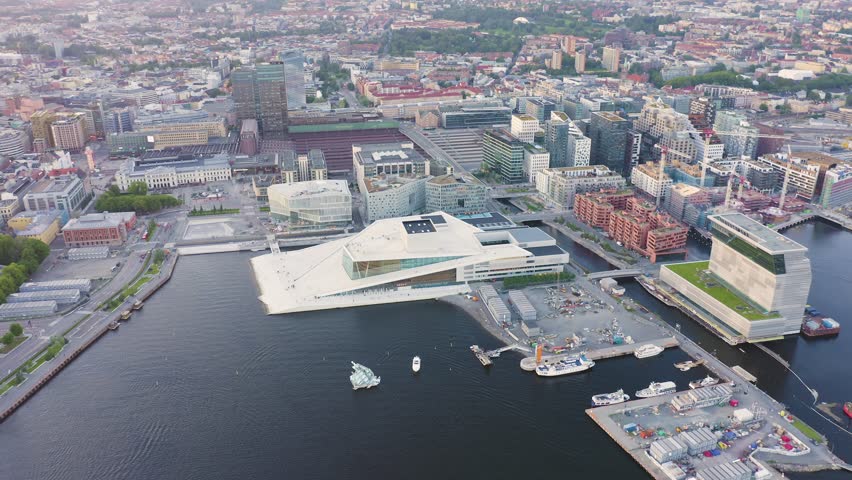 Inscription on video. Oslo, Norway. City view during sunset. Back light. The central part of the city. On the mechanical display, Aerial View, Point of interest
